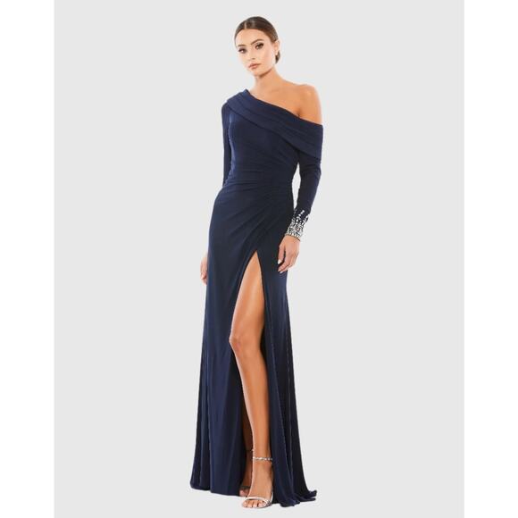 Mac Duggal Navy Beaded Cuff Drop Shoulder Faux Wrap Gown Size 4 $398 - Picture 1 of 11
